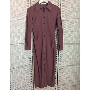Mango MNG Rust Brown Button Front Midi Shirt Dress Long Sleeve Minimalist Sz 2